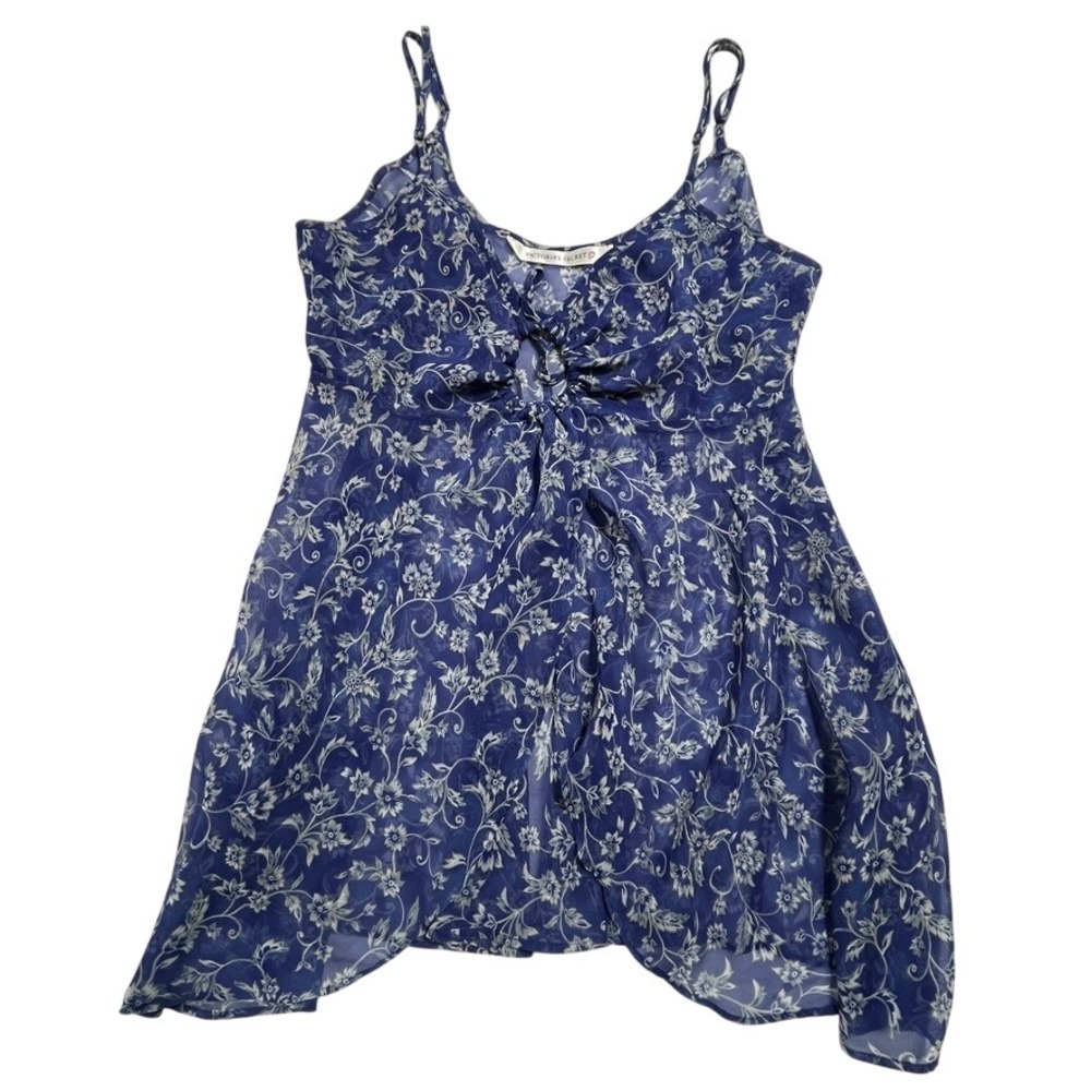 Victoria's Secret Blue Floral Sheer Babydoll Top Keyhole Cami Large